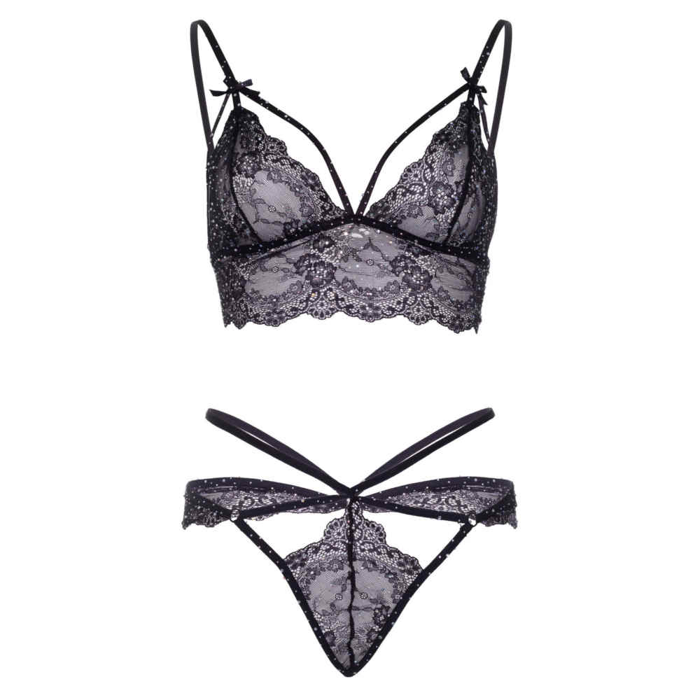 Leg Avenue - Scalloped Lace Rhinestone Bra and string set - Black